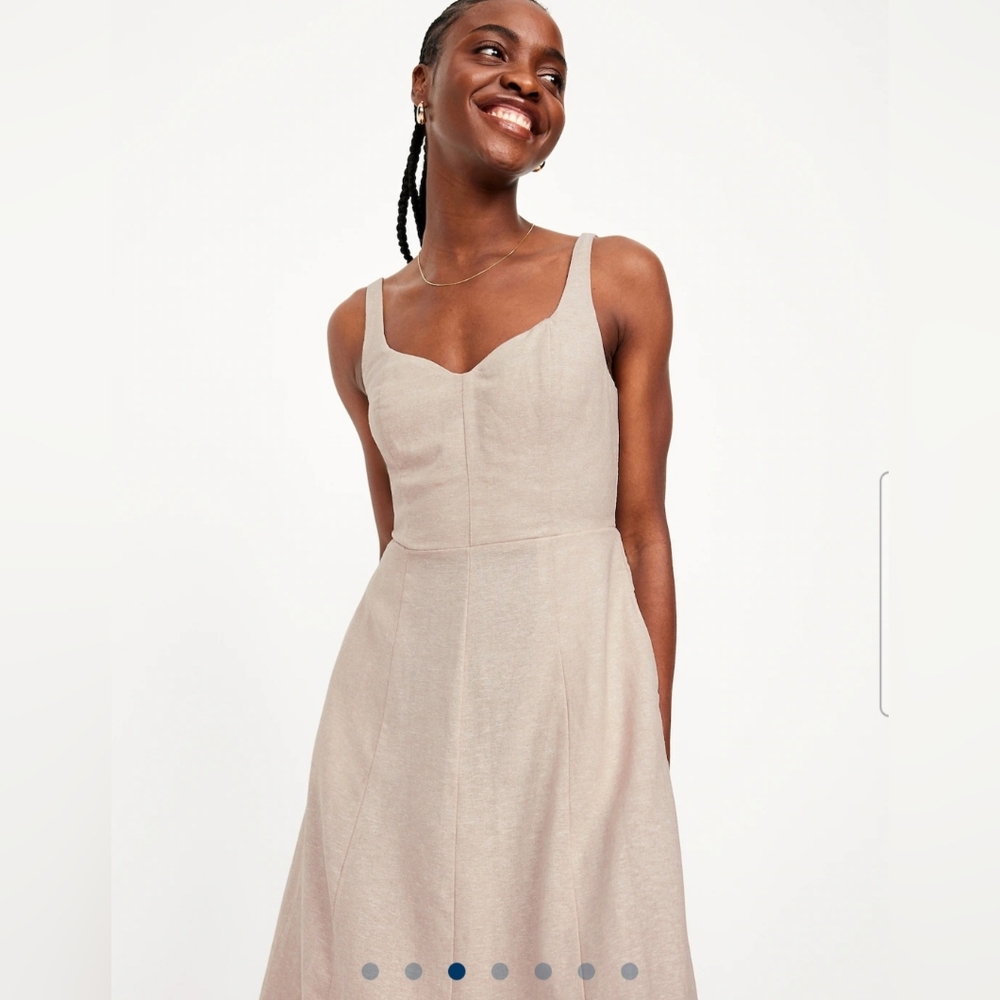 Old Navy NWOT Flax Linen Midi Dress M Beige Sleeveless Romantic Flare Boho Beach